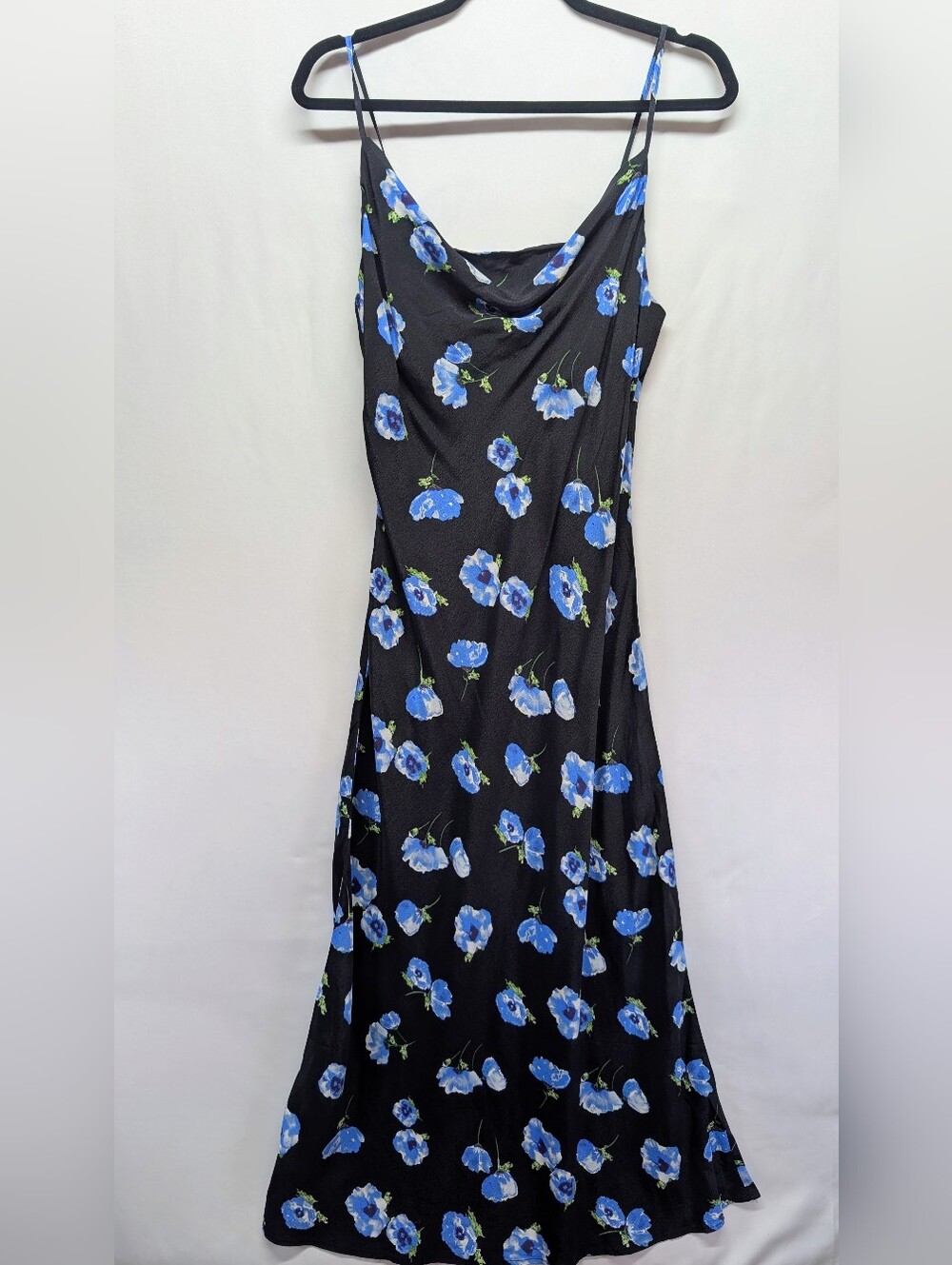 NWT Mango Black Slip Maxi Dress with Blue Floral Print